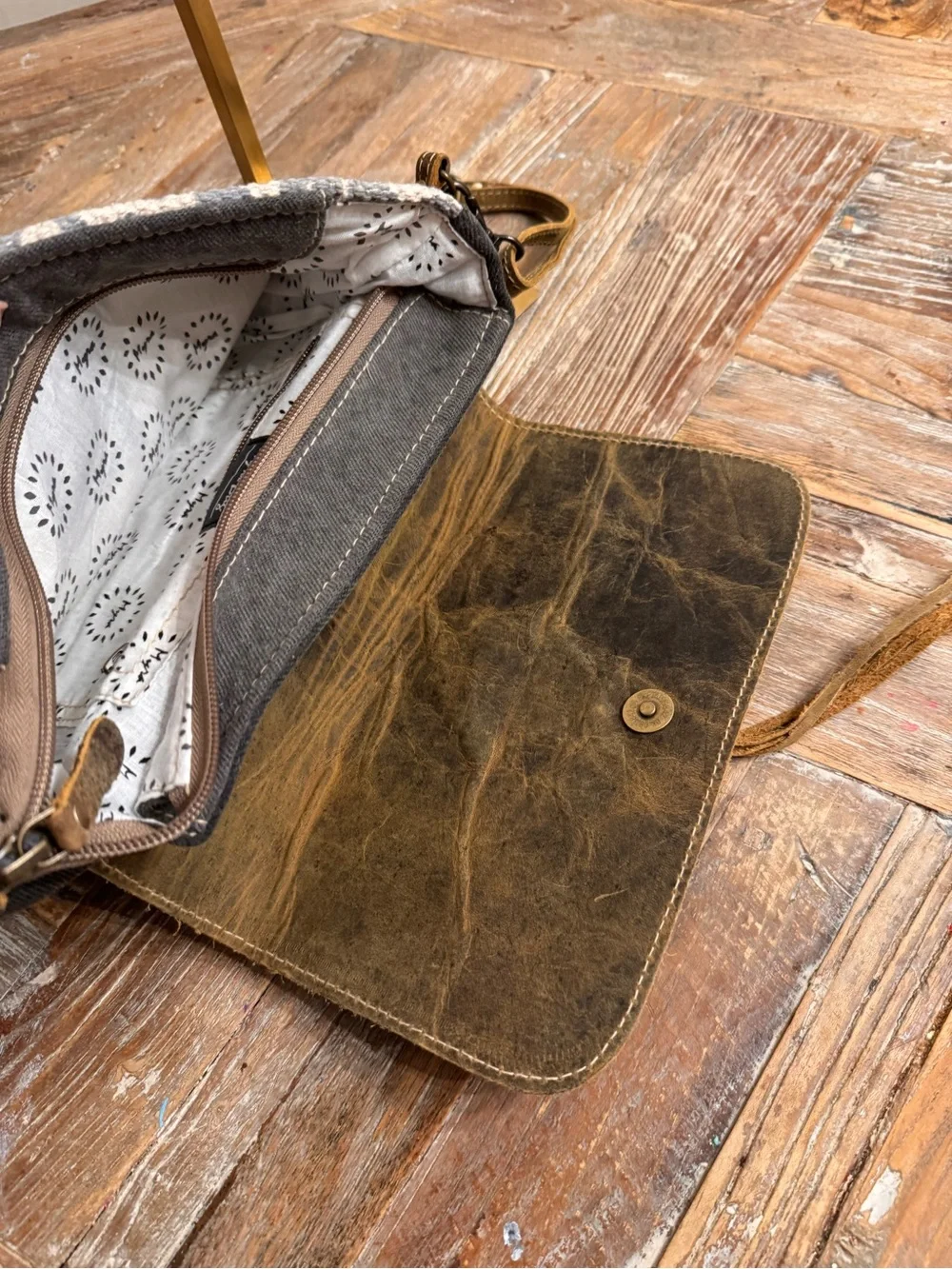 Myra Leather-Trim Brown Patterned Crossbody Bag - Picture 6 of 13